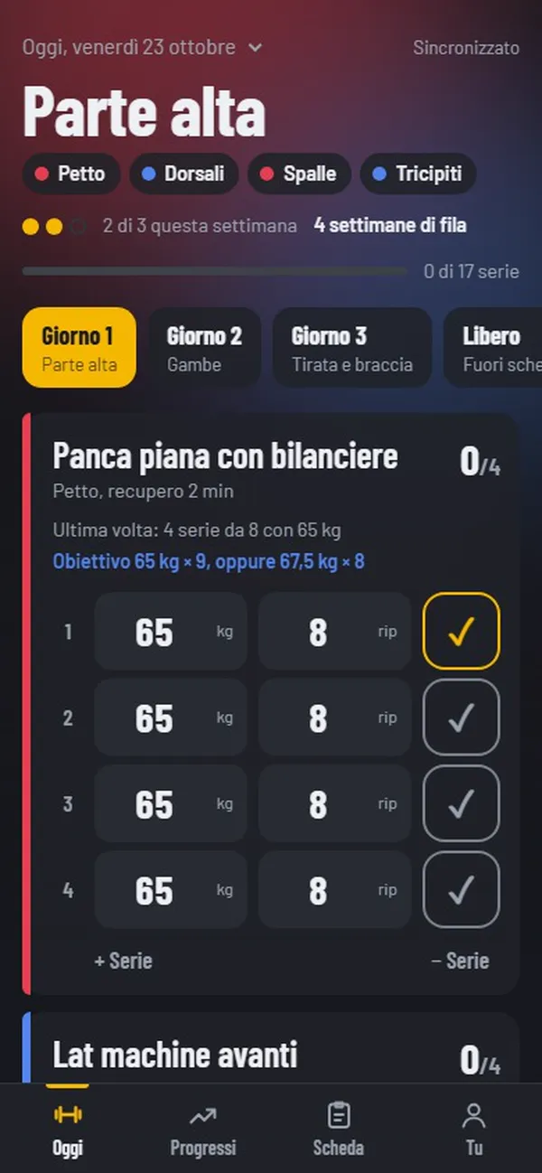 Schermata Oggi con le quattro serie della panca già compilate